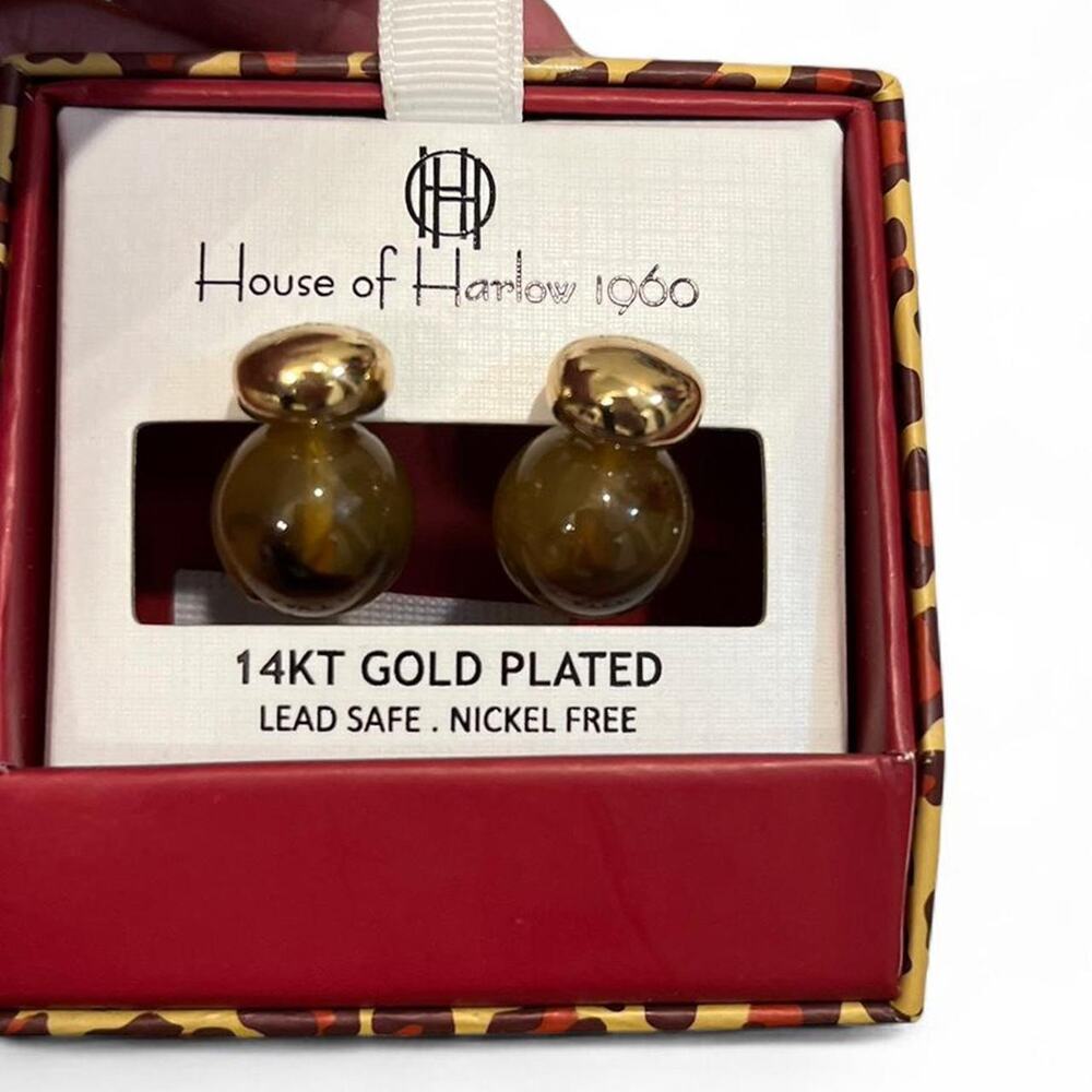 NWT House of Harlow Tiger Eye 14K Gold Plated 1960 Bubble Stud Drop Earrings